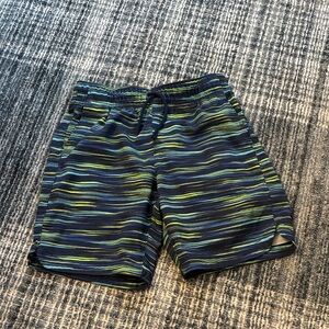 Lands' End Kids Navy Athletic Shorts with Lime & Aqua Stripes